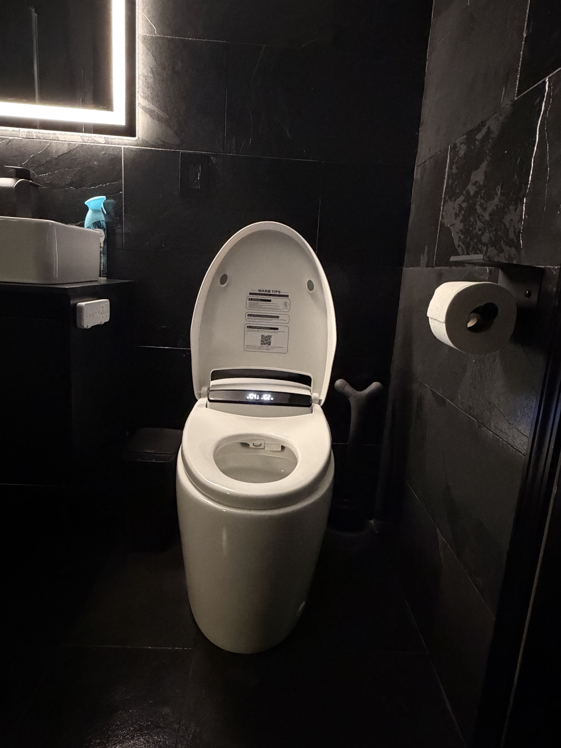 Modern toilet and black bathroom fixtures after renovation