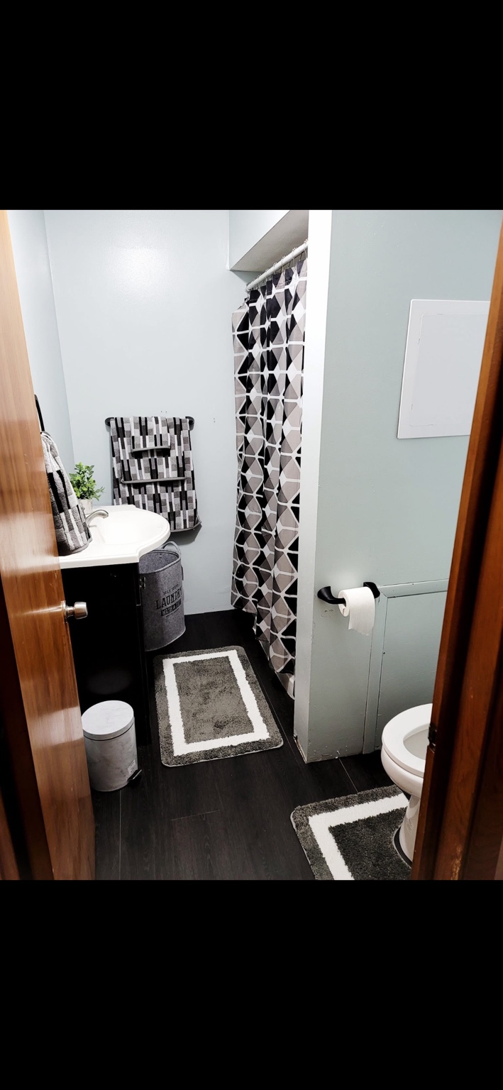 Small bathroom before renovation with a shower curtain, compact vanity, and dark flooring